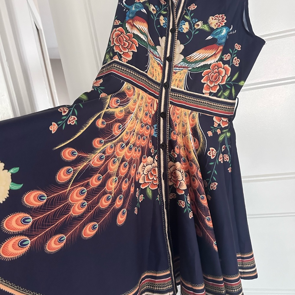 Chic Boutique Rose CBR blue and yellow peacock print sleeveless dress girl'